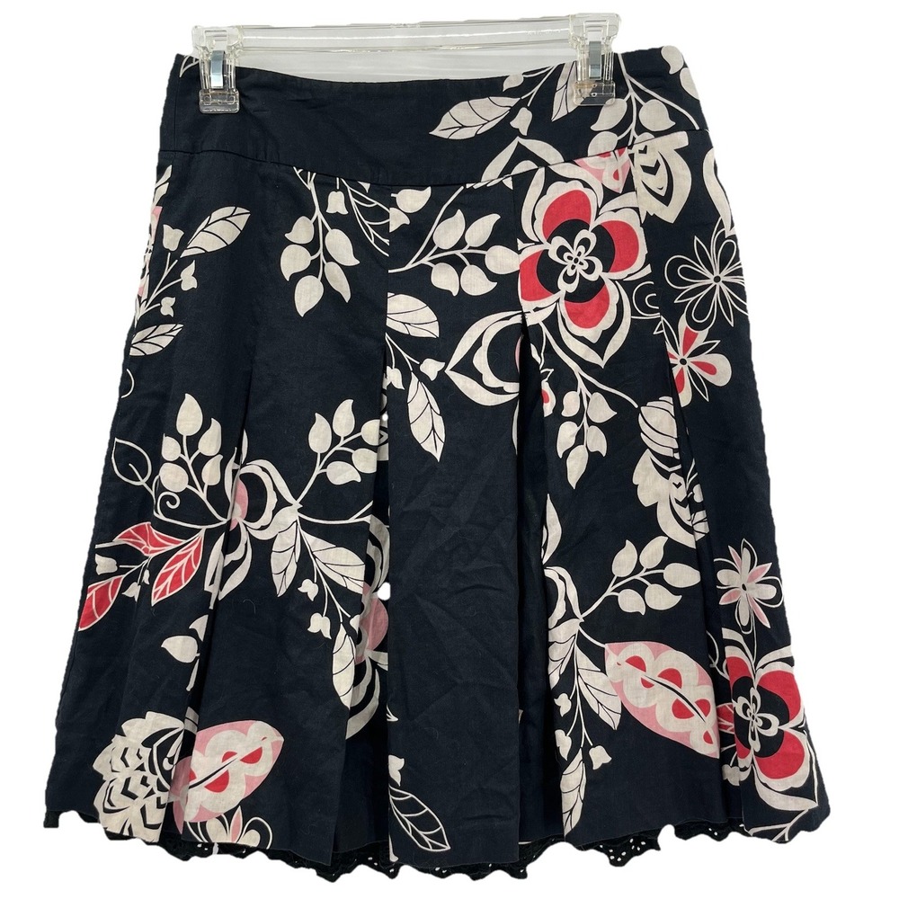 Ann Taylor Loft 6 Black Pink Floral Tiered‎ Skirt with lining Flare 100% Cotton